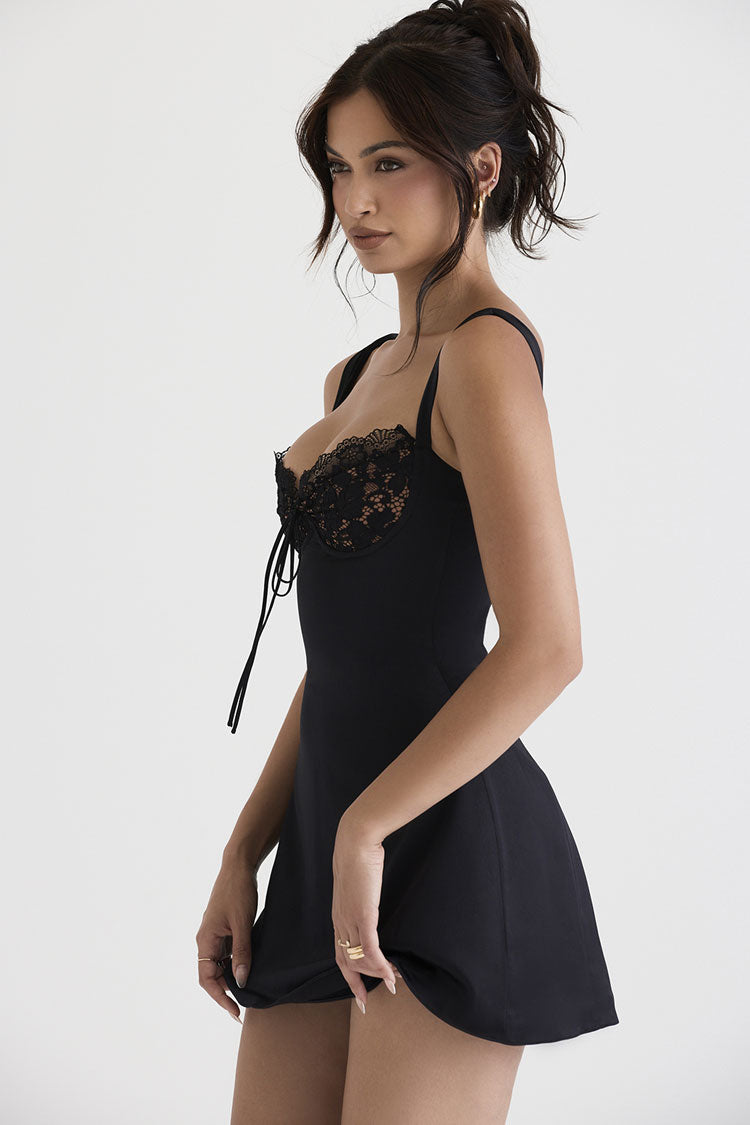 Lace Trim Sweetheart Tie-Front Spaghetti Strap Satin Mini Dress