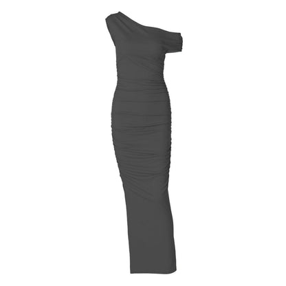 One shoulder ruched ribbed solid maxi dress