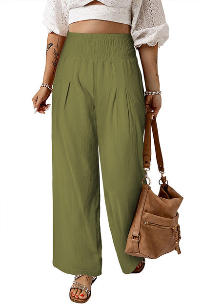 Smocked Wide Waistband High Waist Wide Leg Pants