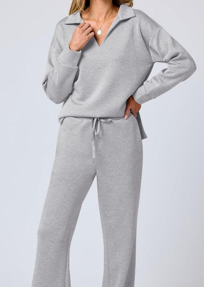 Relaxed Collar Pullover & Wide-Leg Pants Set