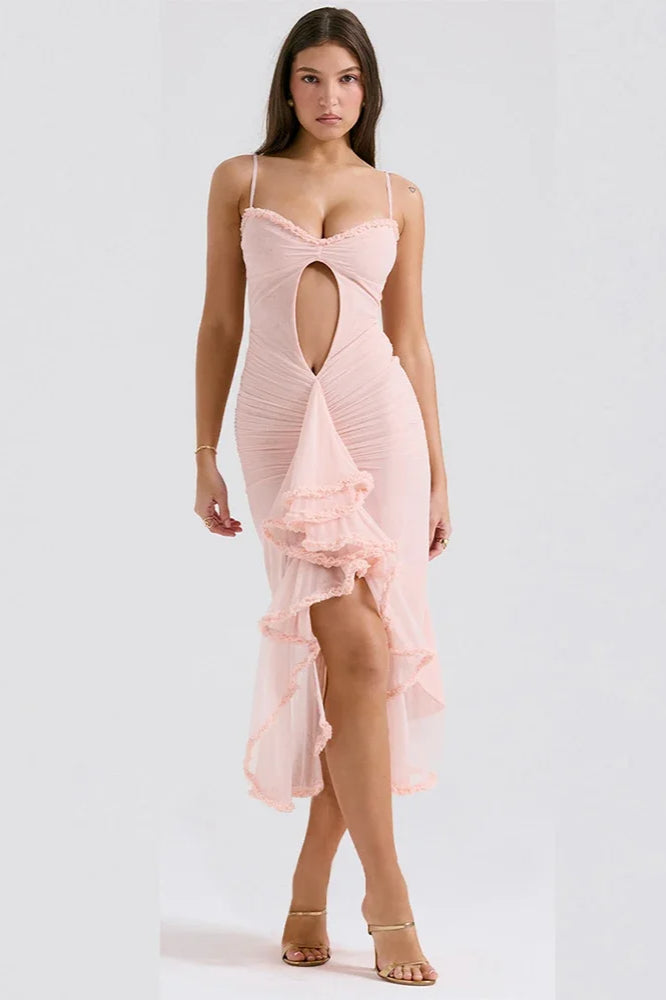 Mesh Ruched Keyhole Cut Out Spaghetti Strap Ruffle Trim High Split Midi Dress