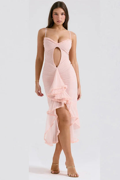 Mesh Ruched Keyhole Cut Out Spaghetti Strap Ruffle Trim High Split Midi Dress