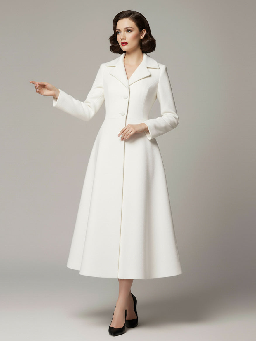 Vintage Classic Lapel A-line Woolen Flared Coat In White For Women 2026