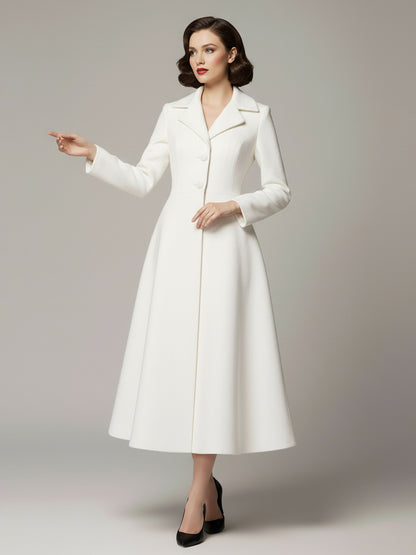 Vintage Classic Lapel A-line Woolen Flared Coat In White For Women 2026