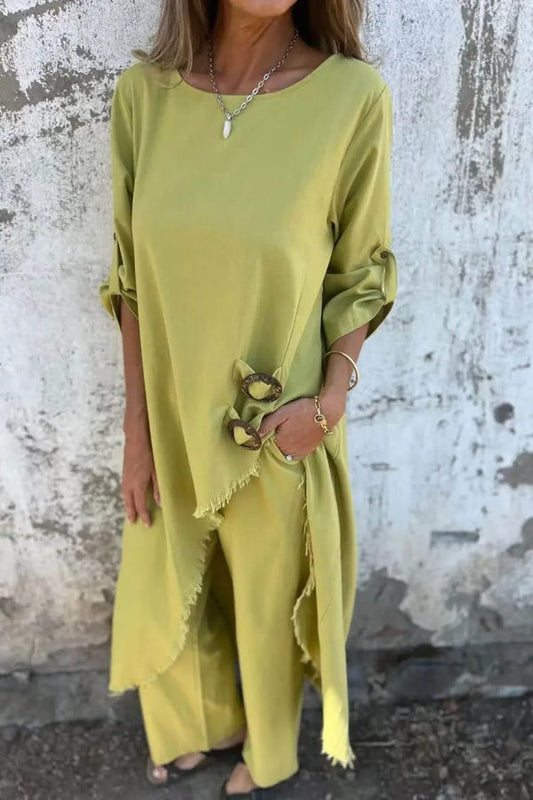 Casual Unique Irregular Button Decoration Robe Pocket Elastic Pants Set