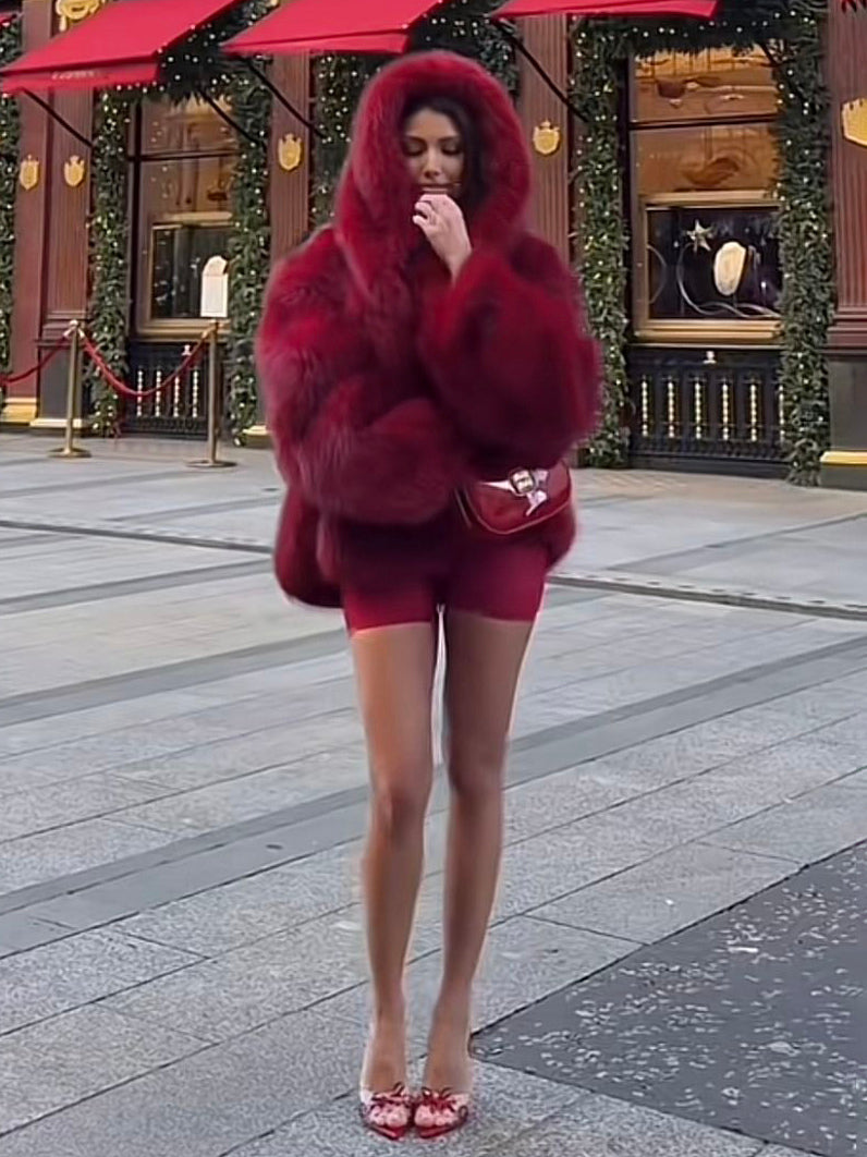 Burgundy Hooded Faux Fur Jacket For Women 2026