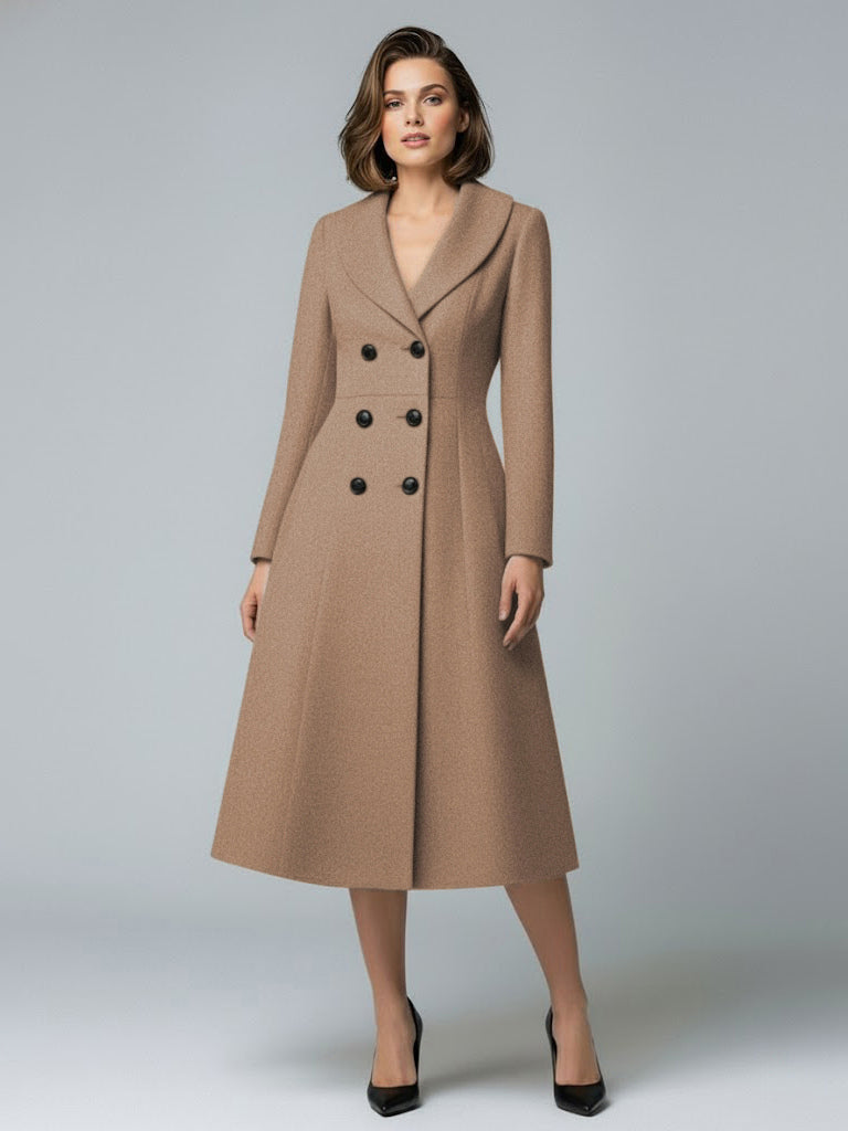 Woolen Double-Breasted A-line Midi Coat With Shawl Collar For Women 2026