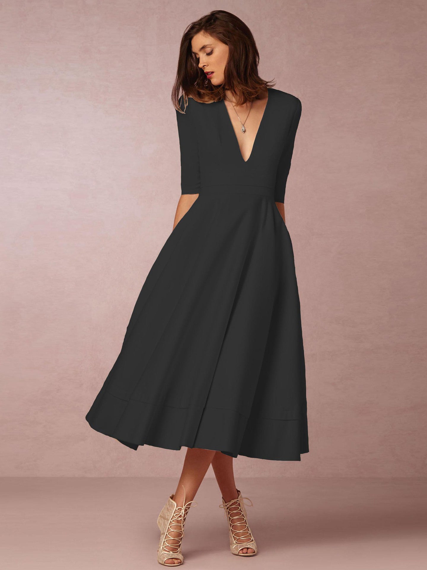 Plunge Midi Dress Half Sleeves Pockets A-Line Prom Dresses In Burgundy