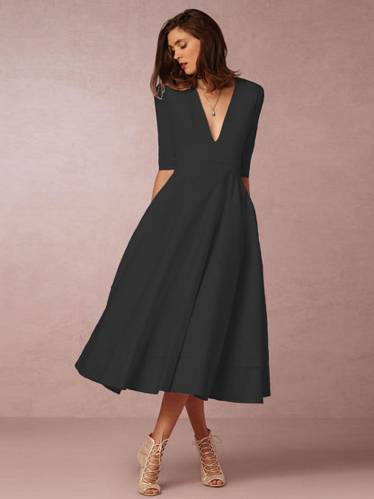 Plunge Midi Dress Half Sleeves Pockets A-Line Prom Dresses In Burgundy