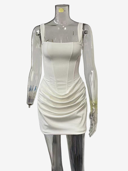 Square Neck Lace Up Back Corset Ruched Mini Bodycon Dress For Women 2026