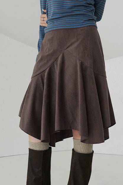 Retro Brown High Waist Asymmetrical Skirt