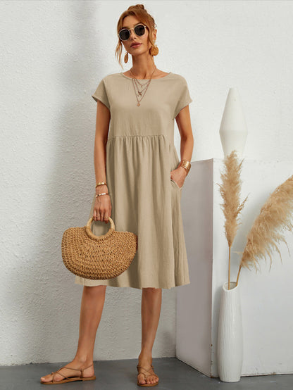 Short Sleeves Midi Shift Dress for Women - Minimalist Solid Color Loose T-shirt Dress with Pockets - Summer Daily Casual 2026