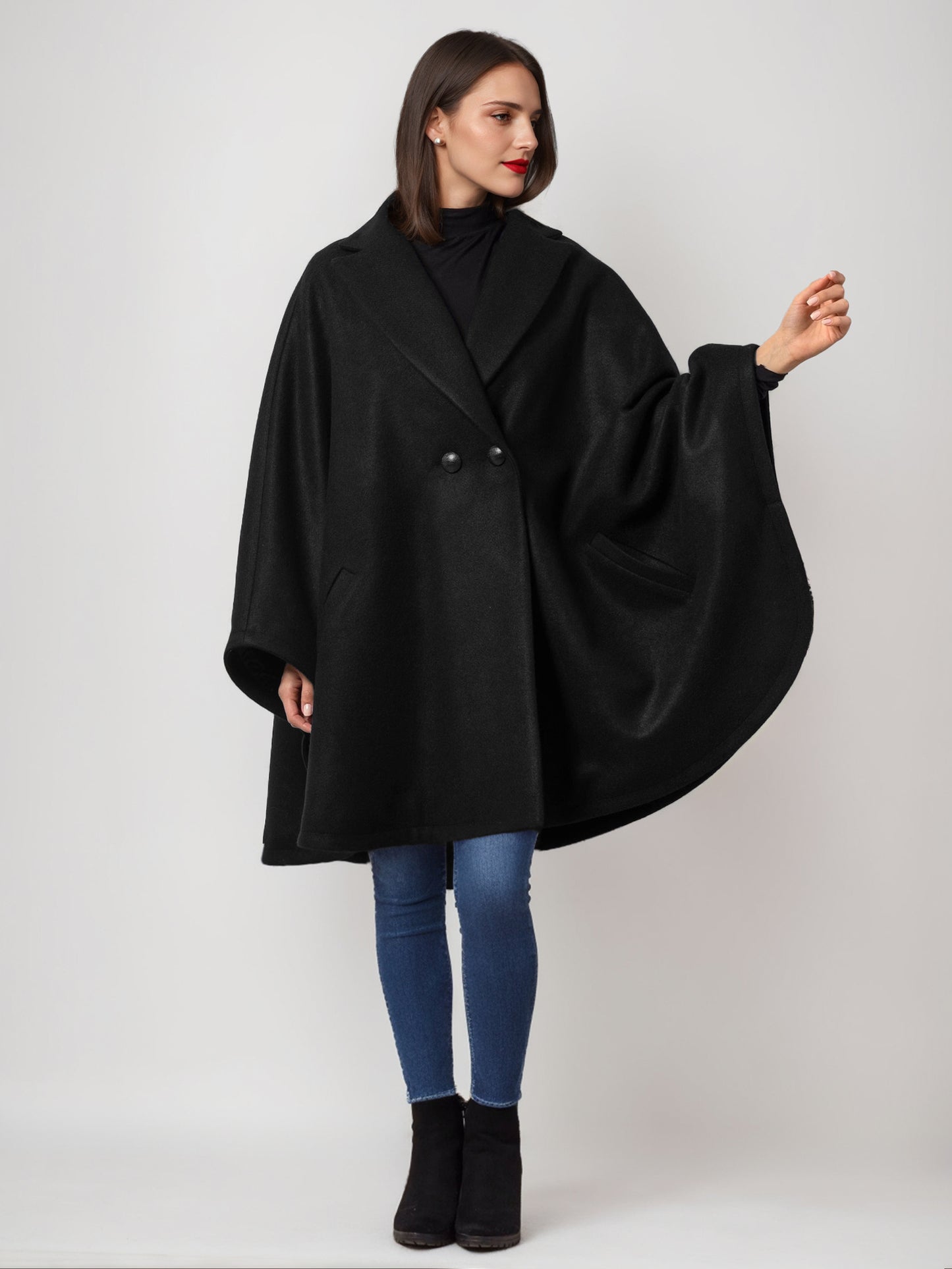 Wool Blend Cape Coat Dark Navy Lapel Oversized Poncho Winter Outerwear For Women 2026