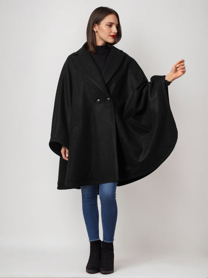 Wool Blend Cape Coat Dark Navy Lapel Oversized Poncho Winter Outerwear For Women 2026