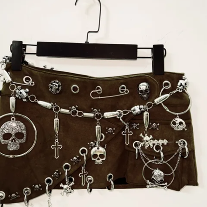 Skull applique waist chain mini skirt
