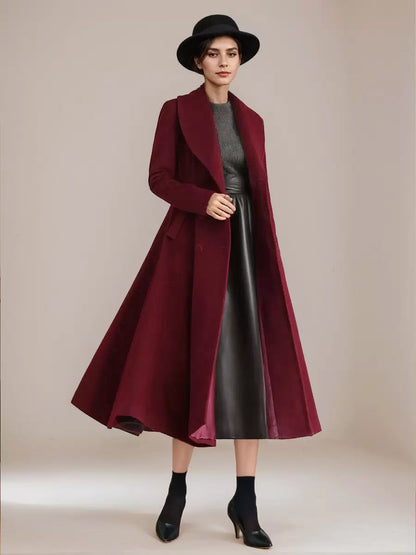 Burgundy Woolen Flared Coat Vintage Shawl Collar Double-breasted Winter A-line Outerwear For Women 2026