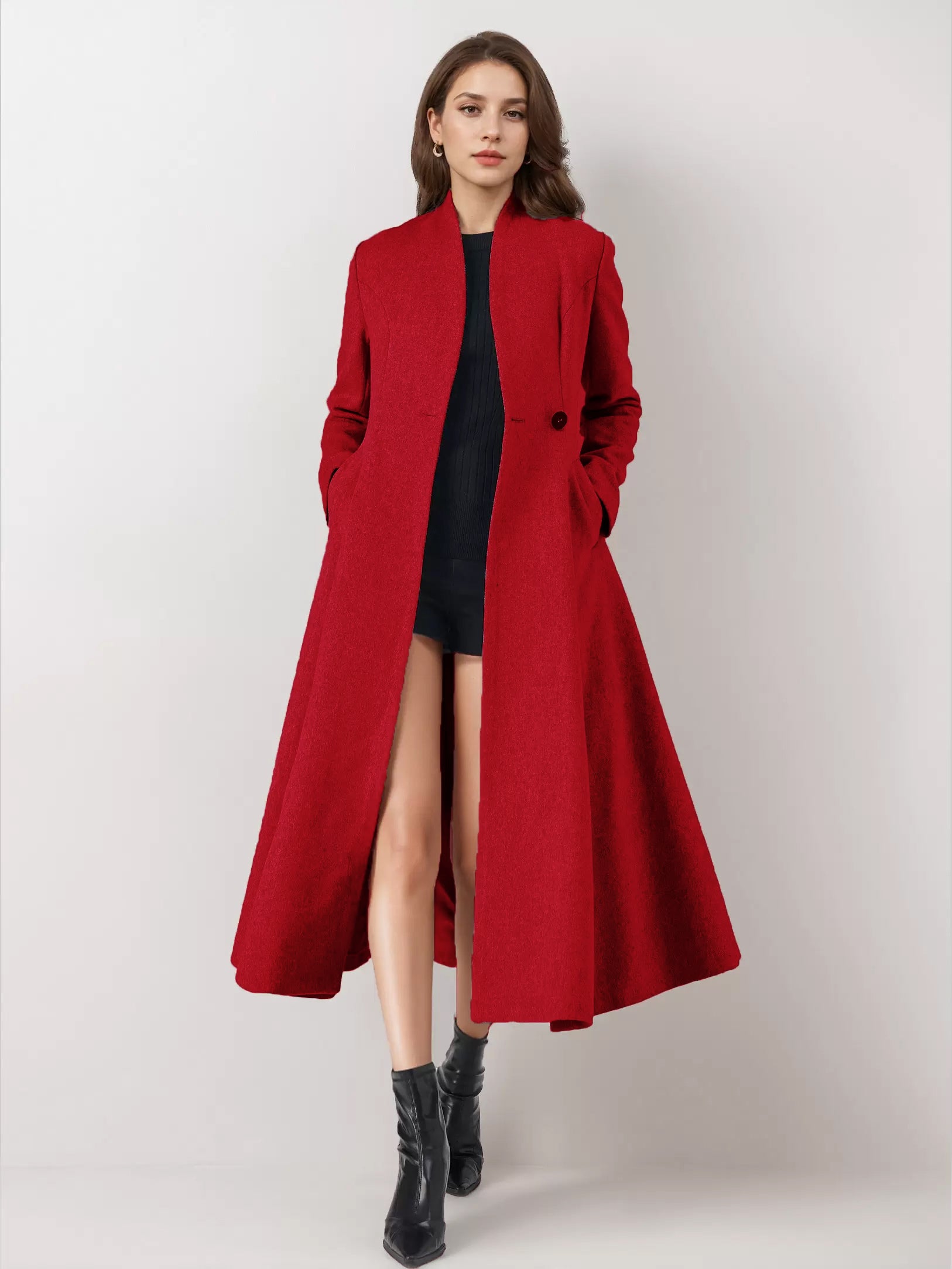 Wool Blend Flared Coat For Woman One Button Gray A-line Winter Midi Outerwear 2026