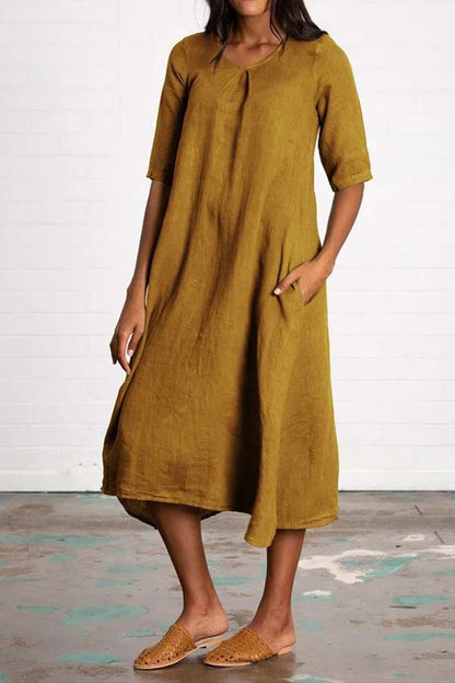 Round Neck Half Sleeve Long Solid Color Casual Cotton Linen Dress