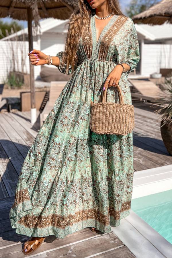 Green Boho Floral Print Backless Drawstring High Waist Maxi Dress