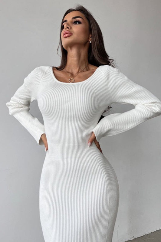 Rib Knit Long Sleeve Cross Back Cut Out Bodycon Maxi Sweater Dress