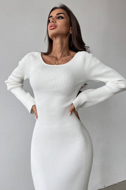 Rib Knit Long Sleeve Cross Back Cut Out Bodycon Maxi Sweater Dress