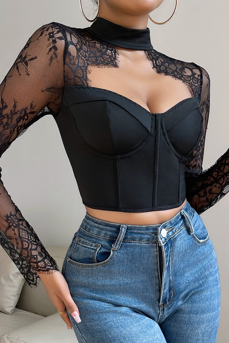 Sexy Slim Plunging Neck Lace Chic Long Sleeve Crop Top