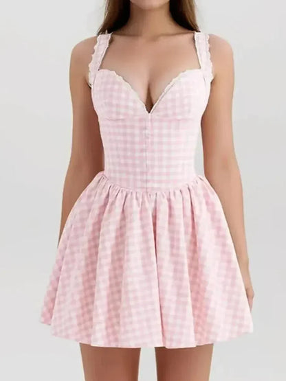 Sweetheart Neck Corset Gingham Print Short Dress