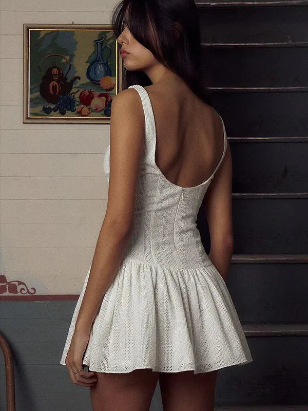 White Cotton Chikan Short Flare Dress