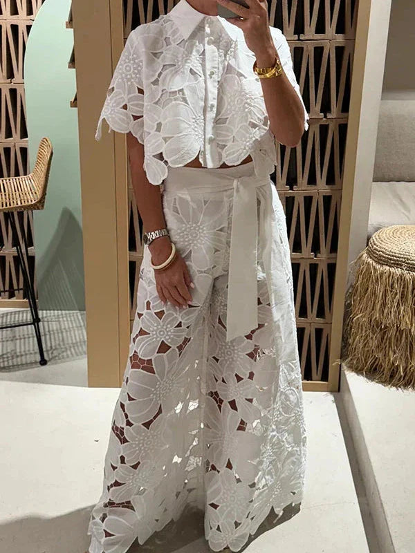 Flower Lace Cutout Crop Shirt & Wide Leg Pant Coord Set