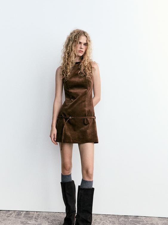Corduroy Sleeveless Short Dress With Belt