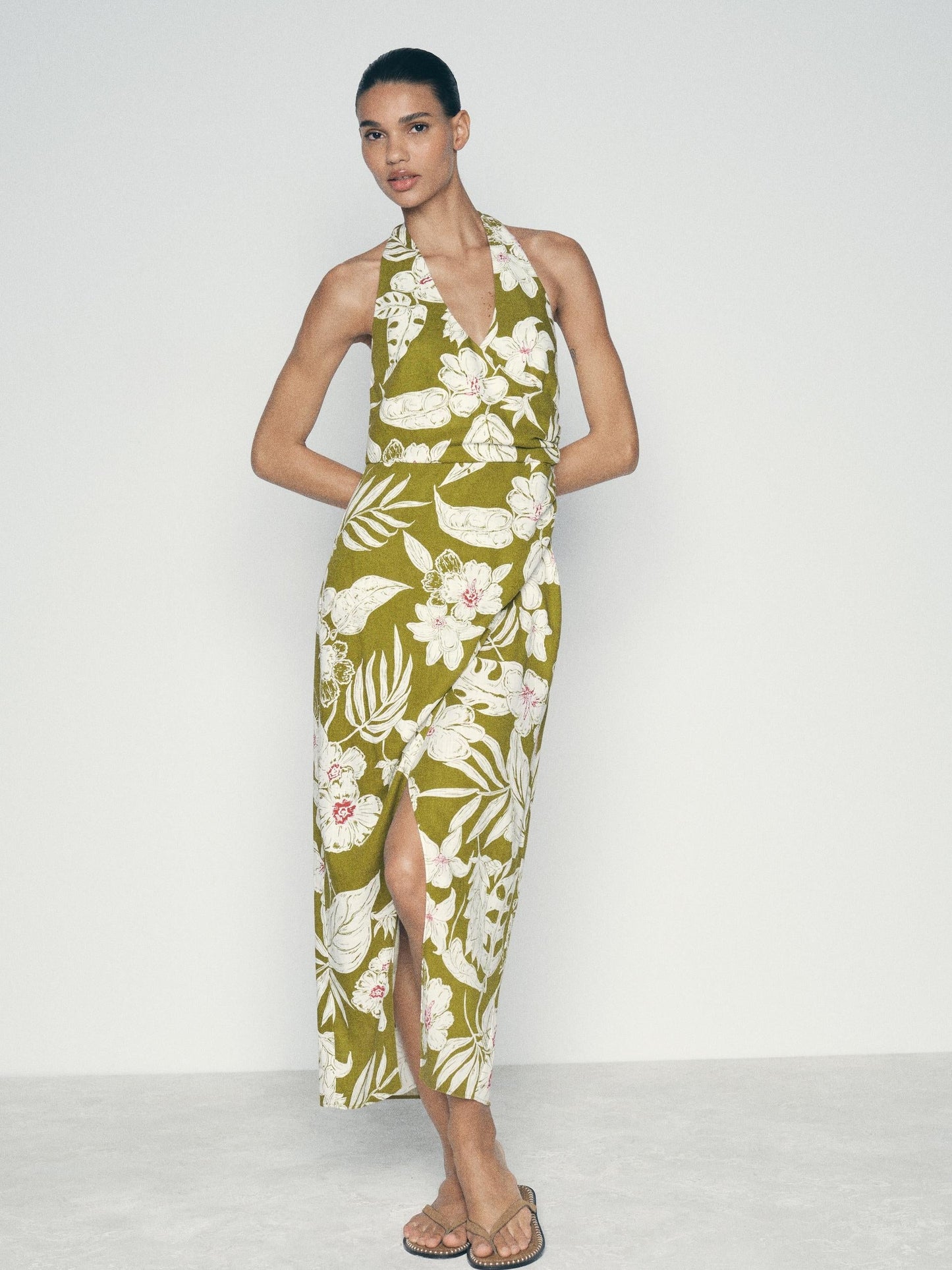 Floral Print Halterneck Backless Slit Maxi Dress