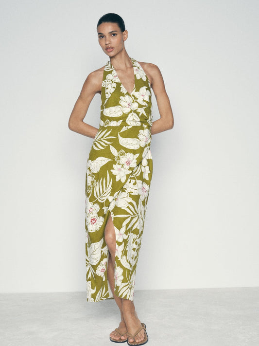 Floral Print Halterneck Backless Slit Maxi Dress