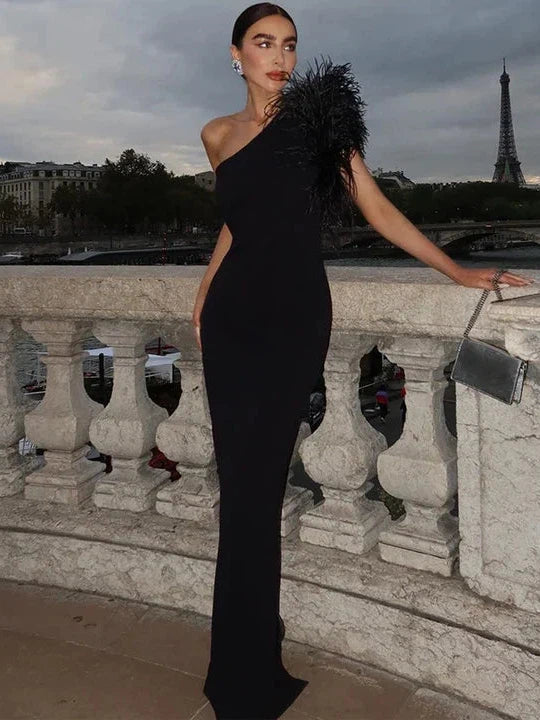 One Shoulder Fur Maxi Evening  Dress
