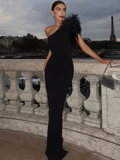 One Shoulder Fur Maxi Evening  Dress