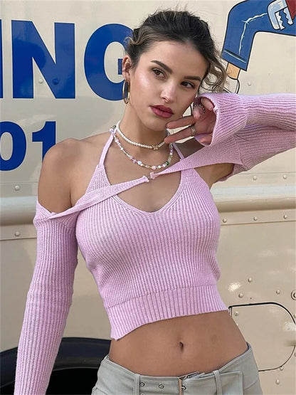 Pink Halter Backless Crochet Crop Top + Long Sleeve Shrug
