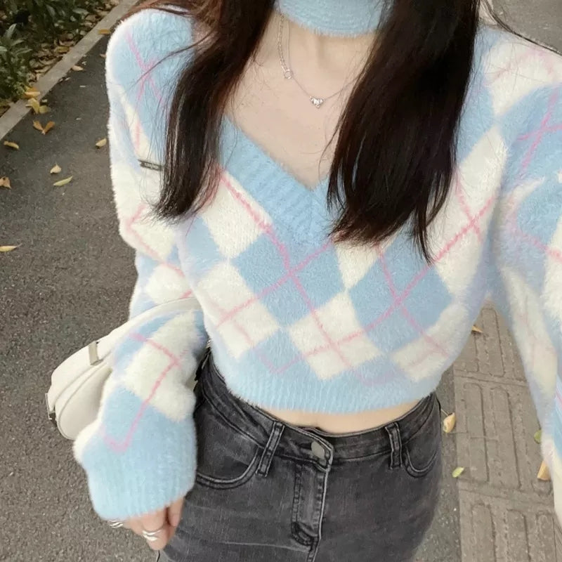 Blue Argyle Slash Neck Long Sleeve Sweater
