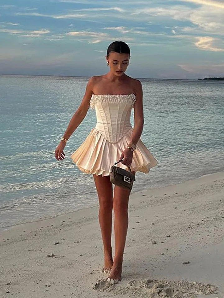 Pearl Tassel Pleated Mini Dress