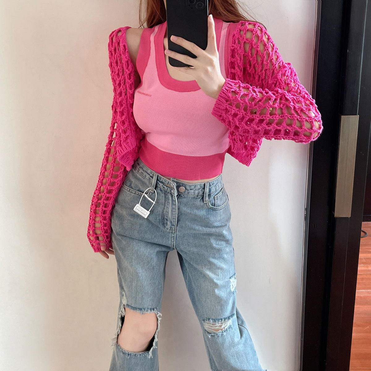 2PCS Pink Crochet Smock + Tank Top
