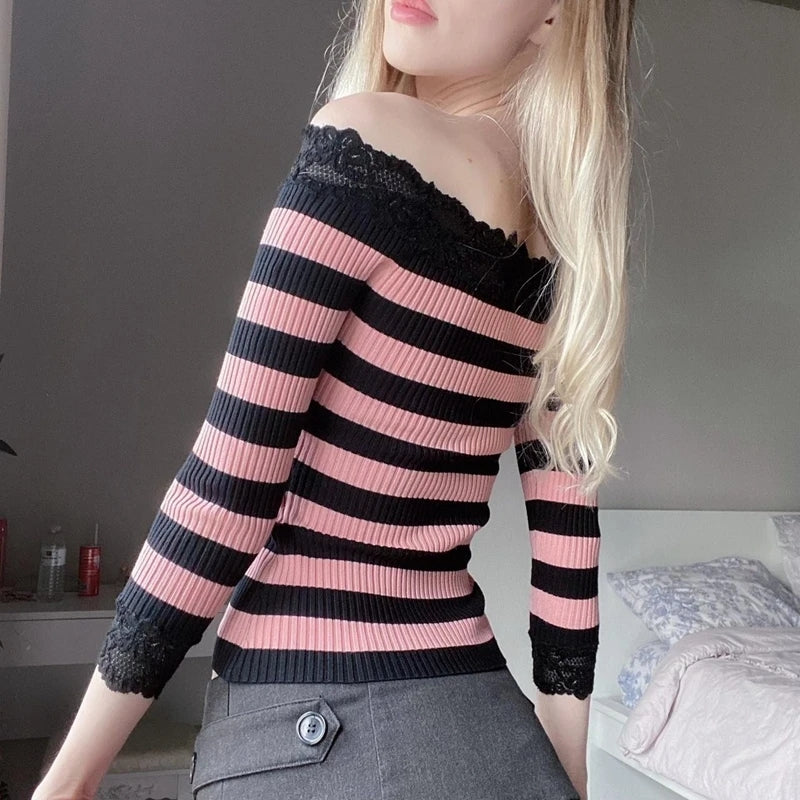 Pink & Black Stripe Off Shoulder Long Sleeve Shirt