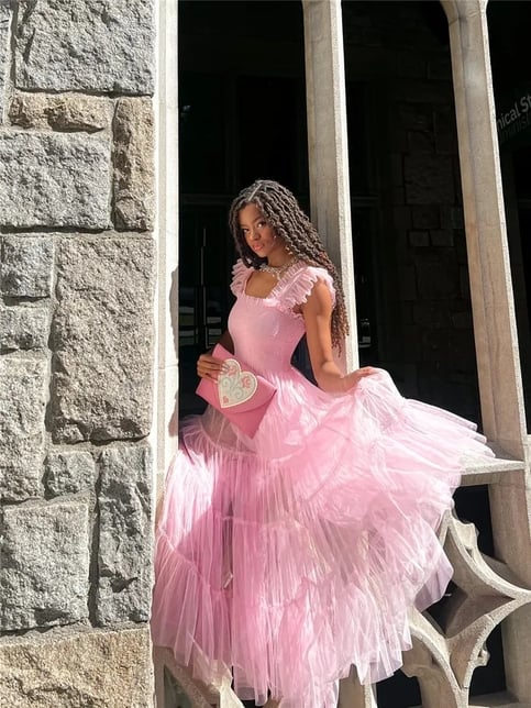 Pink Fairy Mesh Puffy Square Neck Long Dress