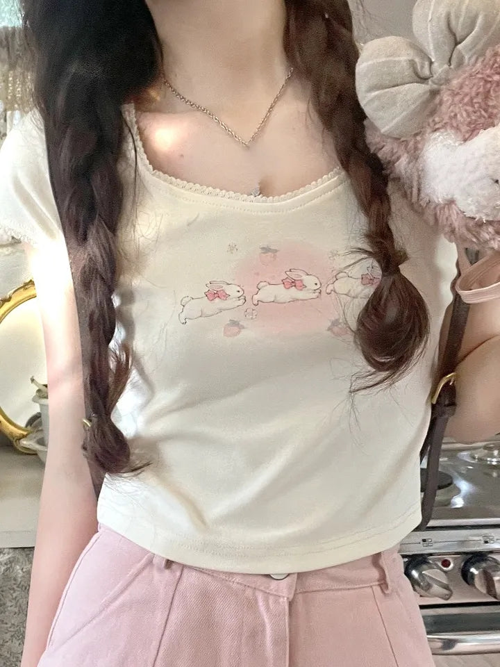 Rabbit Kitten Lace Trim Short Sleeve T-shirt