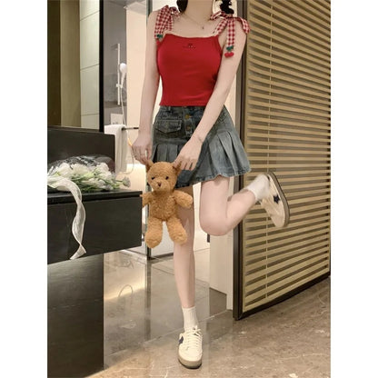 Cherry Red Plaid Embroidery Tank Top