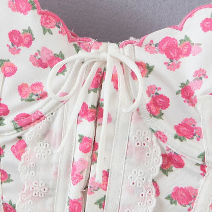 Pink Flower Print Ruffle Bustier Crop Top