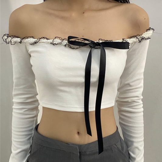 Ruffle Off Shoulder Lace Up Long Sleeve Top