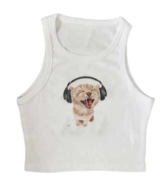 Cat Music Print Ribbed Tank Top