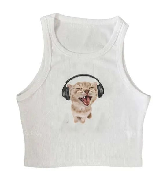 Cat Music Print Ribbed Tank Top