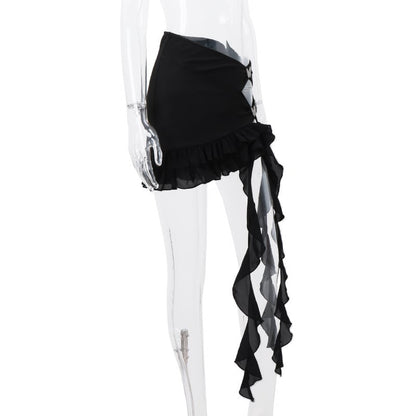 Black Butterfly Ruffle Hollow Out Split Mini Skirt