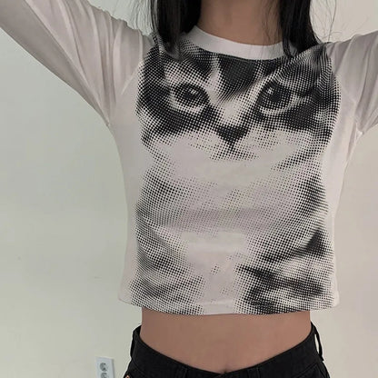 Indie Cat Print Long Sleeve T-shirt