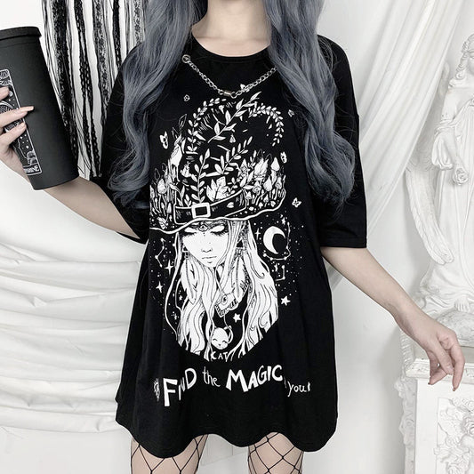 Black Goth Vintage Magic Witch Print Loose Oversized Short Sleeve Short T-shirt Top Causal Punk E-Girl Kawaii Korean Japanese Harajuku Streetwear
