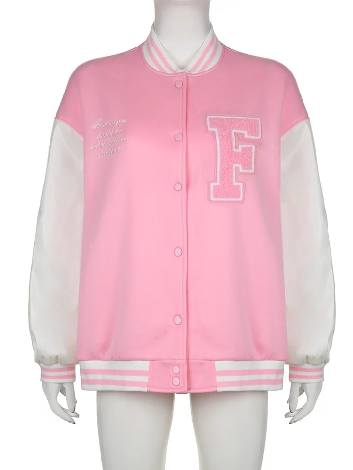 Pink Embroidery Patchwork Varsity Jacket